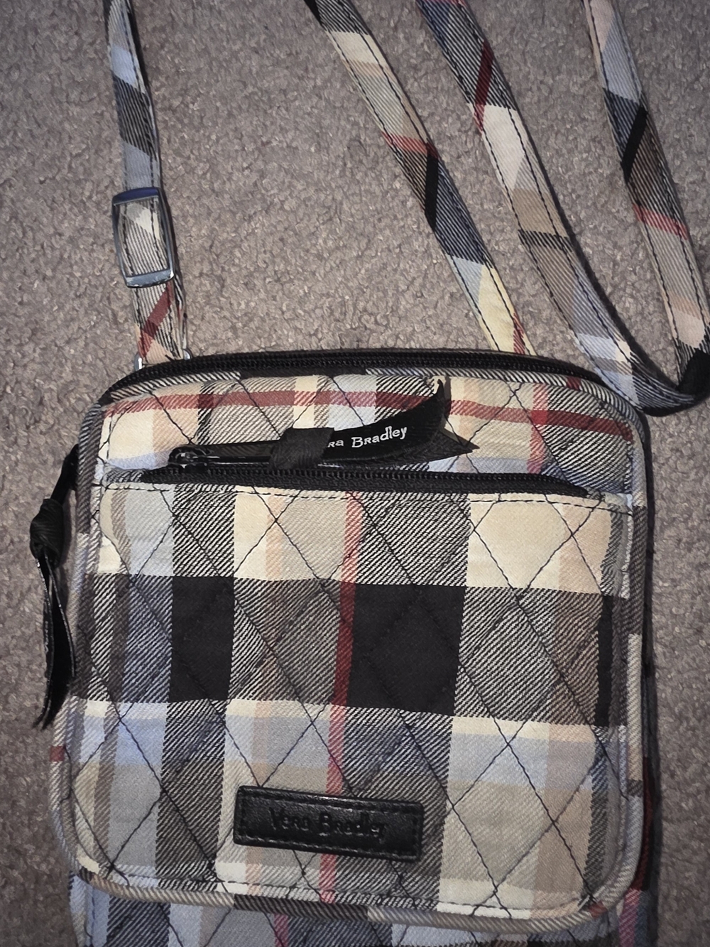 Vera Bradley Quilted Plaid Crossbody in Beige, Black & Red Accent